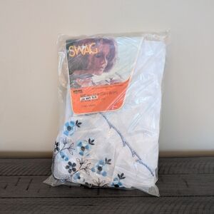 Vintage White and Blue Floral Swag 70s Curtain